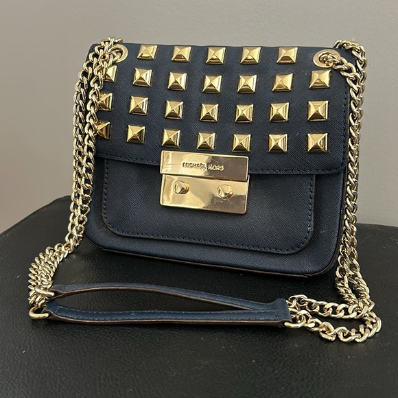 Michael Kors Navy Blue Leather Studded Sloan Shoulder Bag - Picture 3 of 5